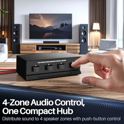 TNP Speaker Selector Switch Box - 4 Zone Channel High Power Stereo Amp Speaker Splitter with A/B/C/D Control Switcher, Spring Clip Connectors, Plug and Play Design, Up to 100W Per Channel