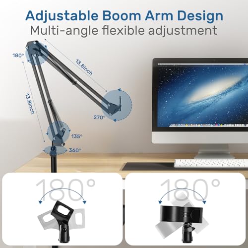 BILIONE Microphone Stand Floor with Tray & Boom Arm, 5.5lbs Weighted Base | Height Adjustable Studio/Podcast Mic Stand w/ 3/8'' to 5/8'' Adapter & 2 Mic Clips Compatible with Blue Yeti QuadCast AT2020
