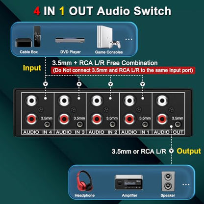 4x1 RCA L/R + 3.5mm Aux Bi-Directional Stereo Audio Switcher | 4 in 1 Out Passive A/B Analog Stereo Audio Switch Selector Box 1 in 4 Out Audio Splitter Only 1 of 4 Outports Works at a time