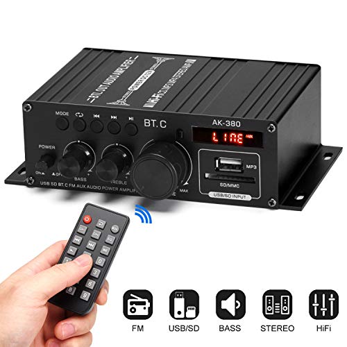 AK-380 Bluetooth 5.0 Home Audio Amplifier for Car Home Bar Garage | Max 400W+400W 2.0CH HiFi Stereo With 12V 5A Power Supply, Wireless Receiver With USB SD BT.C FM AUX - style: MAX 350Wx2