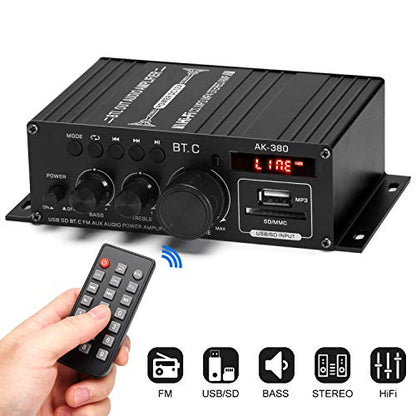 AK-380 Bluetooth 5.0 Home Audio Amplifier for Car Home Bar Garage | Max 400W+400W 2.0CH HiFi Stereo With 12V 5A Power Supply, Wireless Receiver With USB SD BT.C FM AUX - style: MAX 350Wx2