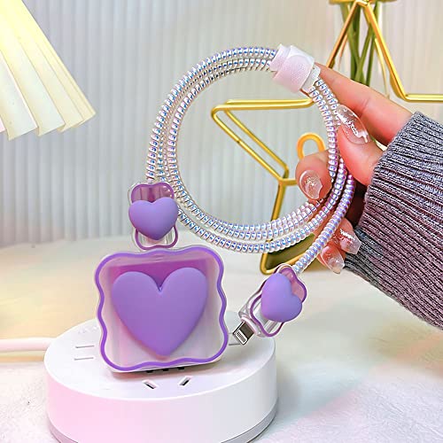 ZOSTLAND 5 in 1 DIY 18W 20W Heart Shape Protector Data Cable USB Charger Line Earphone Wire Saver Organizer Compatible with iPhone 11 12 13 14 15 Pro Max - color: Love Purple