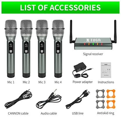 XTUGA UHF Wireless Microphone System,4 Channel Metal Handheld Mics(UF4600) | Plug and Play,164ft Coverage Range,Auto Sync Setup,Cordless Mics Set for Karaoke/Church/Party/Outdoor Events/Public Speaking