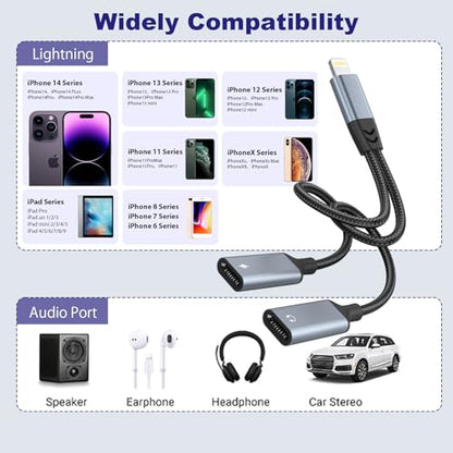 Opluz iPhone Splitter for Charging and Headphone,2 in 1 Dual Lightning Splitter for Earphone, iPhone Audio and Charge Adapter Dongle Cable for Phone 14/13/12/11/pad