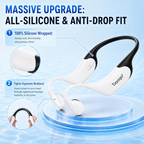Tayogo Swimming Headphones T6 + W23 Bone Conduction, Under Water Audio System, Spotify Swim Headset, No Need to Download, Waterproof FM Receiving & Bluetooth Open Ear Swim Headset for Training - color: White