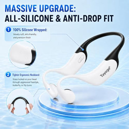 Tayogo Swimming Headphones T6 + W23 Bone Conduction, Under Water Audio System, Spotify Swim Headset, No Need to Download, Waterproof FM Receiving & Bluetooth Open Ear Swim Headset for Training - color: White