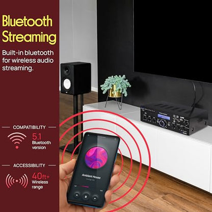 Pyle Wireless Bluetooth Home Stereo Amplifier - Multi-Channel 200 Watt Power Amplifier Home Audio Receiver System w/HDMI, Optical/Phono/Coaxial, FM Radio, USB/SD, AUX, RCA, Mic in - Remote - PDA9HBU