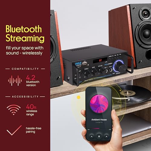Pyle 200W Bluetooth Compact Power Amplifier - Wireless 2 Channel Audio Receiver with Dual Karaoke Mic Input - RCA - USB-A + SD Card MP3 Player - FM Radio - AUX In - Remote Control - PDA29BU