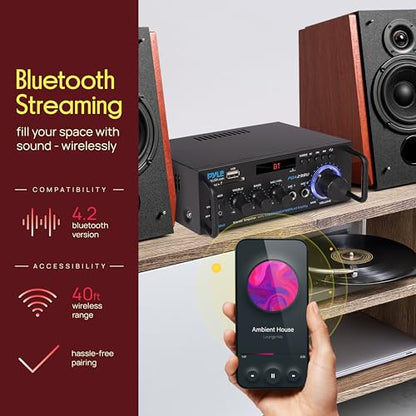 Pyle 200W Bluetooth Compact Power Amplifier - Wireless 2 Channel Audio Receiver with Dual Karaoke Mic Input - RCA - USB-A + SD Card MP3 Player - FM Radio - AUX In - Remote Control - PDA29BU