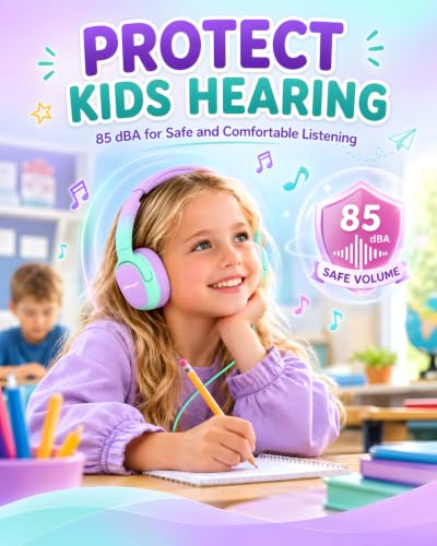 Kids Headphones with Safe Volume Limited for School Travel (GreenPurple) | 3.5mm Wired, Foldable, Stereo Sound On-Ear Headset for iPad Computer Boys Girls - color: GreenPurple
