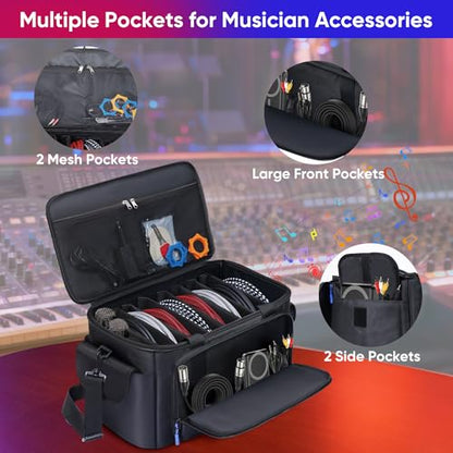 Large DJ Cable File Bag with Multi-Compartment & Pocket for Music Equipment | Large Capacity with 8 Detachable Dividers, Soft Thick Padded, Multi-pocket, Adjustable Shoulder Strap and Carry Handle