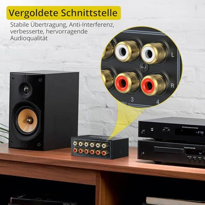 PROZOR 4-Way Stereo L/R Bi-Directional Audio Switcher 4X2/2X4 | Bi-Directional 2 in 4 Out or 4 in 2 Out, with Off Button No External Power Required, For DVD Stereo Speaker, CD Player - color: Black 4-2