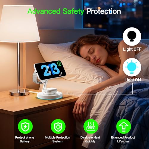 3 in 1 MagSafe Wireless Charger Stand for iPhone Apple Watch AirPods | Adjustable Blue Ambient Light,15W Magnetic Charging Station for iPhone 17 16 15 14 13 12 Series Wireless Charging Station - color: White
