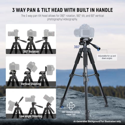 NEEWER BASICS Camera Tripod, 71'' Tripod with Cell Phone Holder Mount Compatible with iPhone for Video Recording, Professional Aluminum Lightweight Portable Travel Stand with 3 Way Pan Tilt Head, TP55 - style: TP55