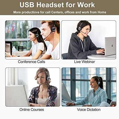 Professional USB Headset with Noise Cancelling Microphone - USB-A Computer Headphones for PC, Laptop, Office & Call Center | Compatible with Dragon Dictation, Webinars, Zoom, Teams