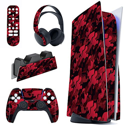 PlayVital Black Red Camouflage Full Set Skin Decal for ps5 Console Disc Edition, Sticker Vinyl Decal Cover for ps5 Controller & Charging Station & Headset & Media Remote - color: Black Red Camouflage