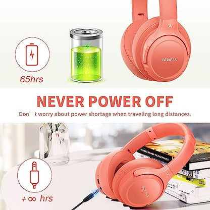 BERIBES Bluetooth Headphones Over Ear Wireless HiFi Stereo Headsets 65H 6EQ | Bluetooth 6.0,with Built-in HD Mic,Foldable Lightweight,Comfort Fit,Fast Charging,Deep Bass for Home Office Cellphone PC Ect. - color: Orange red
