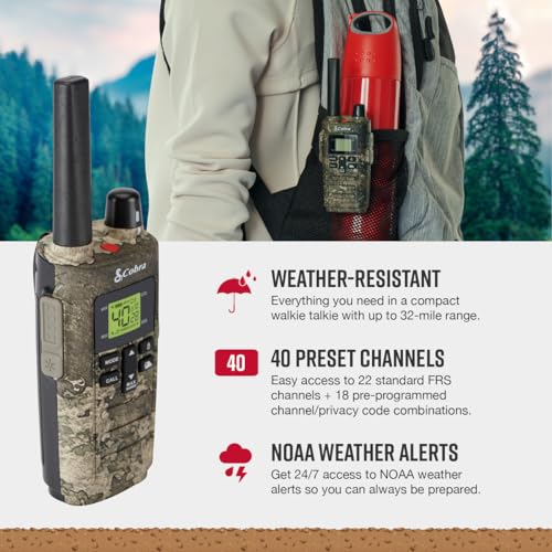 Cobra RX380 Walkie Talkies (2-Pack), 40 Pre-Programmed Channels | Weather Resistant Two Way Radios Long Range, Weather Alerts, LED Flashlight - style: RX380 True Timber Camo