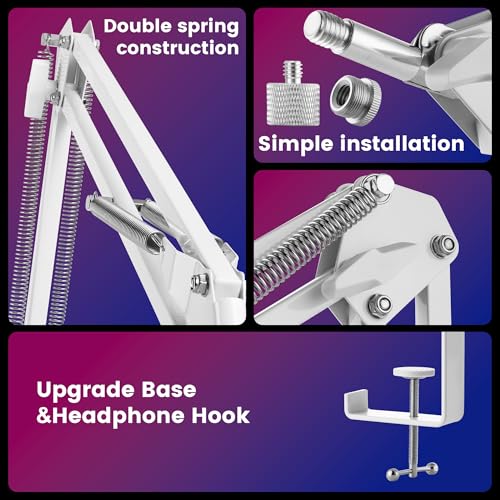 White Mic Wall Mount and Microphone Boom Arm Desktop Clamp Stand compatible with Shure FIFINE Blue Yeti,Razer,HyperX Mic Kit for Broadcasting, Podcasts,Streaming and Gaming