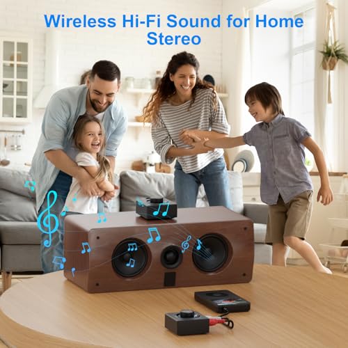 YMOO 2.4GHz Wireless Audio Transmitter Receiver Set (1 TX+1 RX) for TV | 25ms Low Latency 200ft Long Range with AUX RCA in/Out, Wireless Audio Adapter for TV PC Powered Speakers Soundbar Amplifier