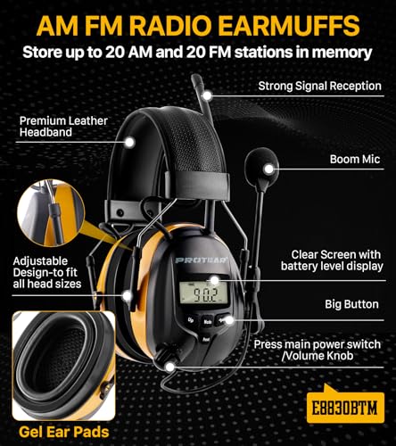 AM FM Radio Hearing Protection Earmuff, Bluetooth 5.4, 30SNR | Rechargeable Hearing Protectors with Gel Earpads, Headphones for Lawn Mowing, Construction, Chainsaw, Landscaping - color: Am/Fm + Bluetooth + Microphone-yellow