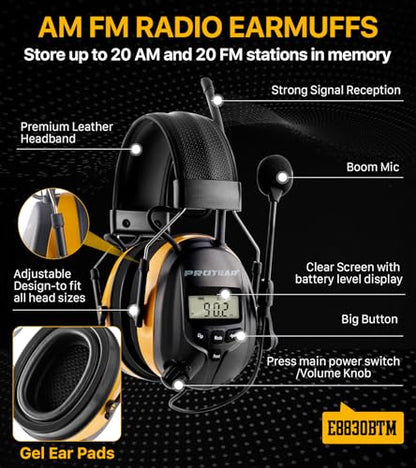 AM FM Radio Hearing Protection Earmuff, Bluetooth 5.4, 30SNR | Rechargeable Hearing Protectors with Gel Earpads, Headphones for Lawn Mowing, Construction, Chainsaw, Landscaping - color: Am/Fm + Bluetooth + Microphone-yellow