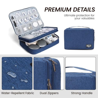 Electronic Organizer Travel Case, Double Layer Cable Organizer Bag | Double-layer design with adjustable dividers, mesh pockets and elastic loops for chargers, cables, power banks and gadgets - color: blue