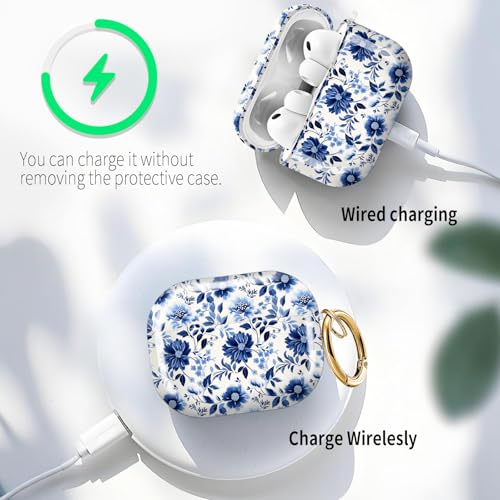 for AirPods Pro 3 Case (2025), Cute Cover Compatible with AirPod Pro 3rd Generation Shell with Rose Gold Keychain Earbuds Case for Women（Dark Blue Flowers） - color: dark blue flowers
