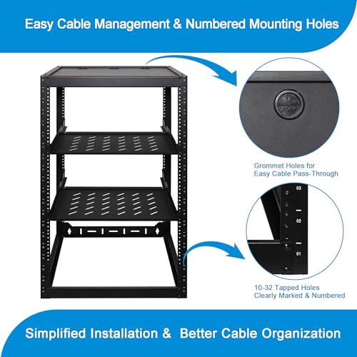 RackPath 20U Open Frame Network Rack with 2X 14in Vented 1U Shelves Rear Support, Wall Mount/Floor Standing Network Cabinet, Heavy Duty 150 lbs Capacity for IT & AV Gear, Audio and Video Device - size: 20U