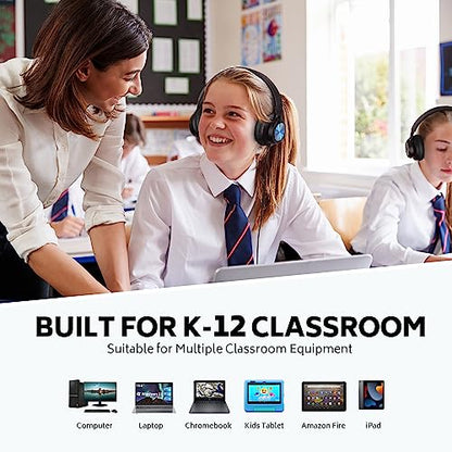 Kids Headphones with Microphone, School Headphones for K-12 Student-Blue | Over-Ear Headphones for Classroom, Online Learning, Travel, Chromebook, Laptop & Tablet - color: Deep Blue