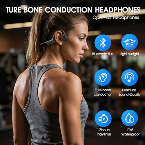 Spinosa Bone Conduction Headphones - Bluetooth 5.4 Open Ear Wireless Headset, 12Hr Battery Life, IPX5 Waterproof - for Sports, Running, Hiking, Cycling - Includes Earplugs