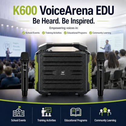 WinBridge 200W Portable PA System with 2 Wireless Microphones, K600 Pro | Battery Powered Bluetooth Speaker, Covers 150+ People, Guitar Input, Ideal for Schools, Churches, Weddings & Outdoor Events