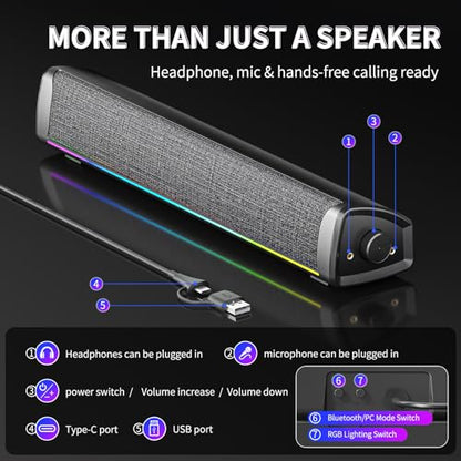 Computer Speakers for Desktop PC, Gaming Soundbar with 4 Drivers, 12 RGB Lighting Modes, USB/USB-C Powered PC Speakers, Plug & Play Monitor Sound Bar with Mic & Headphone Jack for Laptop, PC, Black