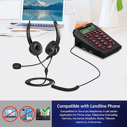 AGPTEK Upgraded Corded Phone with Binaural Headset & Dialpad | Noise-Cancelling Call Center Telephone, for Home & Office, with Comfortable Dual-Earpiece and Easy Number Pad