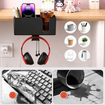 Desk Cup Holder Clamp, Clip On Drink Holder with Rotating Headphone Hanger | 4 in 1 Anti-Spill Desktop Organizer Pen Holder for Mug, Pen, Phone, Gaming Office Desk Accessories - color: Detachable Desk Cup Holder