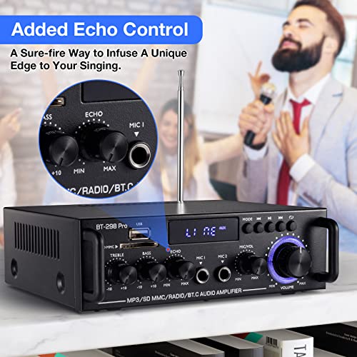 Facmogu BT-298 프로 홈 오디오 앰프, 블루투스 5.0 수신기 홈 스테레오 수신기, 최대 400Wx2 RMS 50Wx2 HiFi 사운드 오디오 시스템 무선 파워 앰프, 마이크 입력, 에코, 베이스 및 트레블 포함, USB/RCA/FM 포함 - style: 최대 400Wx2