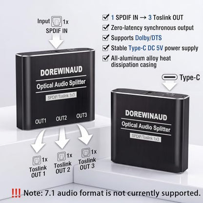 Optical Audio Splitter 1 in 3 Out with 3PCS Optical Audio Cable | Aluminum Shell Digital Toslink Audio Splitter 1x3 Supports Dolby Digital & DTS 5.1 for PS5 Xbox Blue-Ray DVD HDTV TV Box