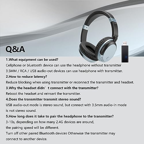 Bluetooth Headphones for TV & PC with USB Transmitter, 3.5mm (Blue) | Dual-mode wired & wireless over-ear headset. Connect to TV/PC via USB/3.5mm transmitter, or directly to phone. - color: Blue