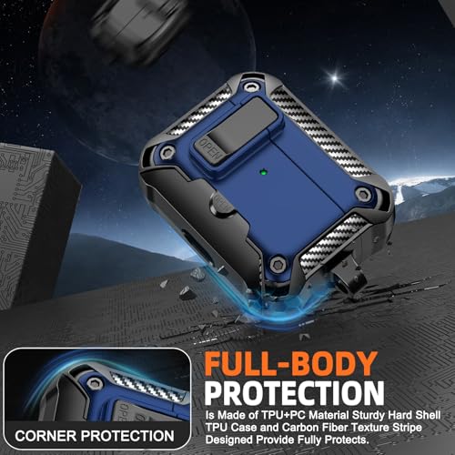 for AirPods Pro 1st/2nd Case with Lock & Phone Stand(Blue) | Automatic Snap Switch Lock,Carbon Fiber Texture Design Cover with Cleaner Kit - color: BB-Blue