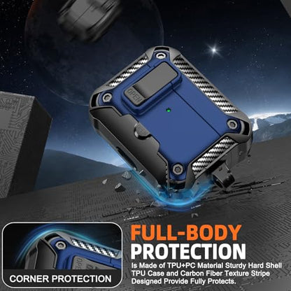 for AirPods Pro 1st/2nd Case with Lock & Phone Stand(Blue) | Automatic Snap Switch Lock,Carbon Fiber Texture Design Cover with Cleaner Kit - color: BB-Blue