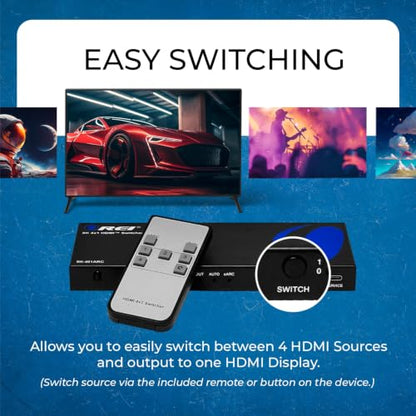 OREI 8K 4-Port HDMI Switch, 4-in 1-Out eARC, Audio Extractor, 8K@60Hz, HDR | hdmi switcher 4 in 1 out, hdmi switch with remote, eARC, HDCP 2.3, EDID, Optical & L/R Audio Out, PS5/Xbox