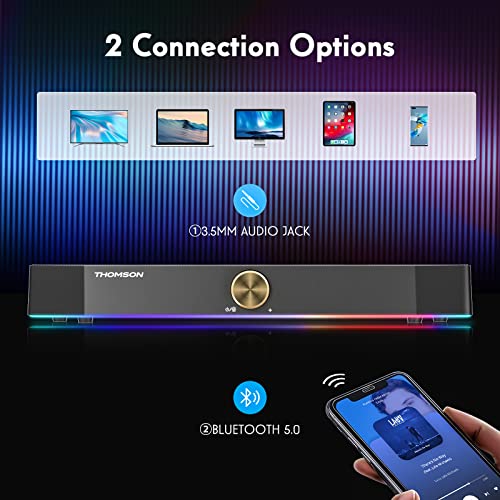 THOMSON Computer Speakers, Bluetooth Computer SoundBar, Dynamic RGB PC Speakers with 10W Stereo Sound, 3.5mm Aux-in Connection, USB Powered Computer Speakers for PC, Desktop Monitor, Laptop, Tablets
