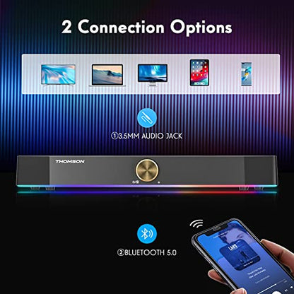 THOMSON Computer Speakers, Bluetooth Computer SoundBar, Dynamic RGB PC Speakers with 10W Stereo Sound, 3.5mm Aux-in Connection, USB Powered Computer Speakers for PC, Desktop Monitor, Laptop, Tablets