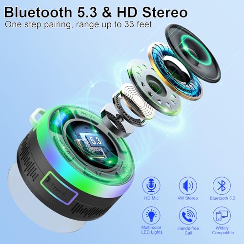 Shower Bluetooth Speaker IPX7 Waterproof, Portable Bluetooth Speakers with Suction Cup and Time Display, Crystal Sound&Bass LED Light 1100mAh, Wireless Shower Speaker for Outdoor/Kayak/ Gifts/Beach - color: Black