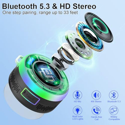 Shower Bluetooth Speaker IPX7 Waterproof, Portable Bluetooth Speakers with Suction Cup and Time Display, Crystal Sound&Bass LED Light 1100mAh, Wireless Shower Speaker for Outdoor/Kayak/ Gifts/Beach - color: Black