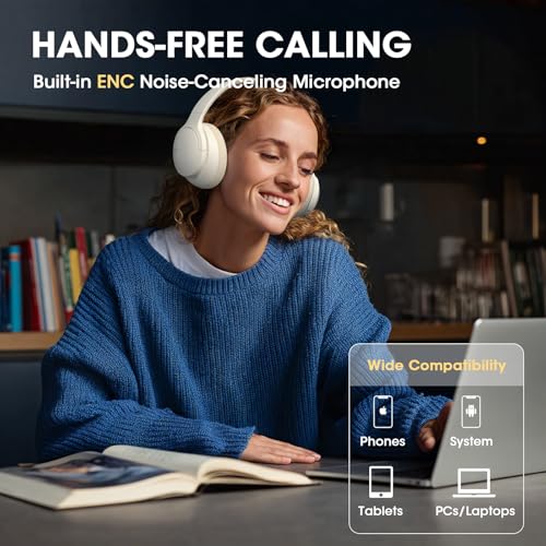 DOQAUS Bluetooth Headphones Over Ear, Headphones Wireless, APP Control | 90H Playtime, 9 EQ Modes, Bluetooth5.4, Hifi Stereo Sound Headphones, ENC Mic, Foldable, for Travel Work Study Phone, Ivory - color: Beige