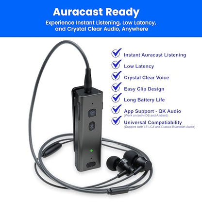 BA358 Wireless Bluetooth 5.3 Receiver with Auracast, 3.5mm Jack, aptX Adaptive & HD, 25+ Hour Battery, CVC Mic, Clip-On Design