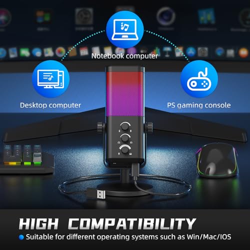XTUGA M7 Dynamic Microphone for Gaming Streaming with RGB Light,Computer Condenser Mic Noise Reduction Real-Time Monitoring for Podcast,Studio,PC,PS5,Mac,YouTube