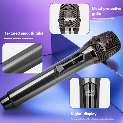 Depusheng Wireless Microphone,Rechargeable Wireless Dual Mic,Dual Handheld Dynamic Mic for Karaoke Singing, Wedding, DJ, Party, Speech, Church, Class Use,PA System,200ft,Gray (Two Microphone)