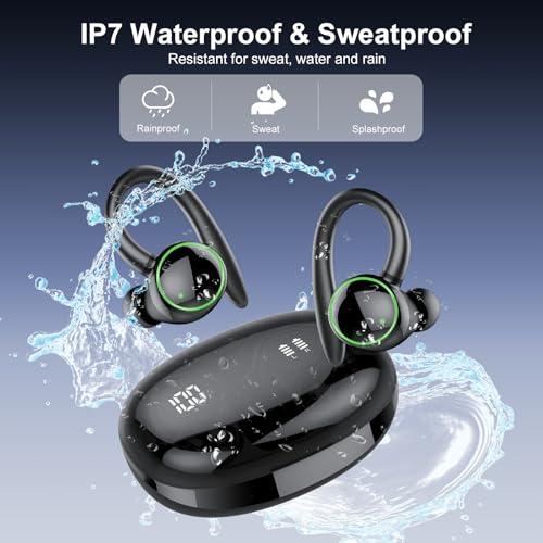 Wireless Earbuds, Bluetooth 5.4 Headphones Sport Over Ear Buds With ENC Mic | ENC Noise Cancelling Mic, 48H, Wireless Earphone With Earhooks, Stereo Deep Bass, IP7 Waterproof Headset for Workout, Black - color: J-Black